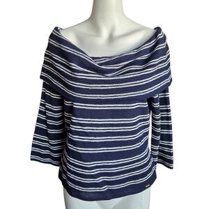 St. John Navy White Striped Off Shoulder Top M Coastal Preppy Nautical Sailor